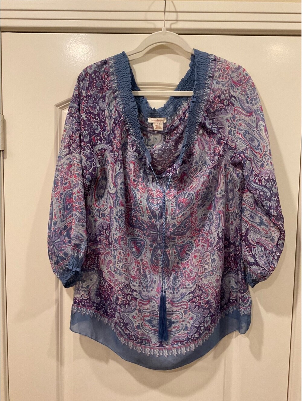 Sundance Purple Paisley 100% Silk Semi-Sheer Tassel Boho Blouse Size S